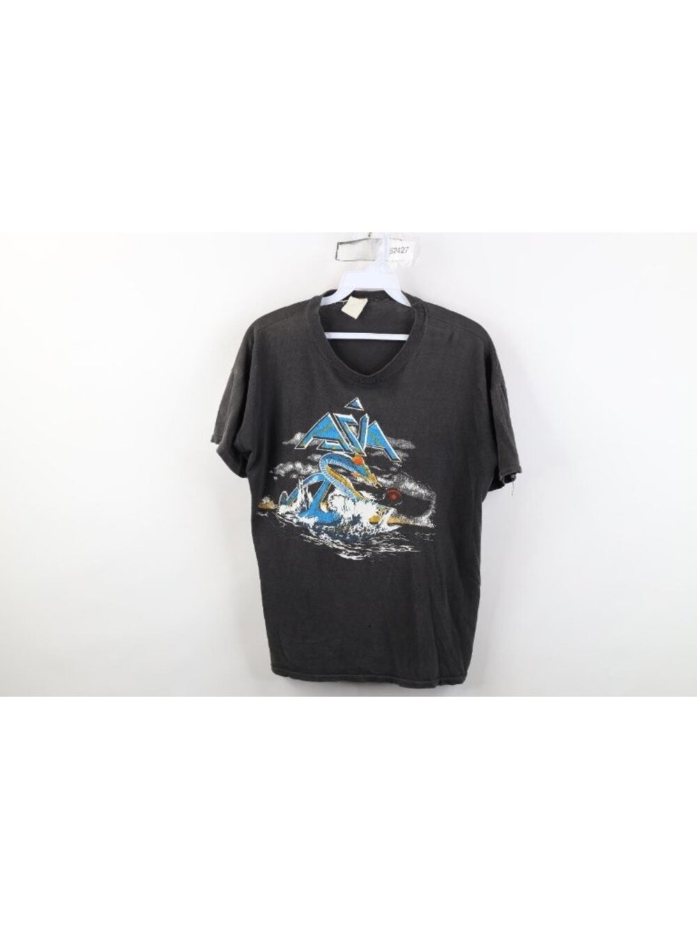 Vtg 80s Womens Large Distressed Spell Out Asia Band T-Shirt Black Cotton USA